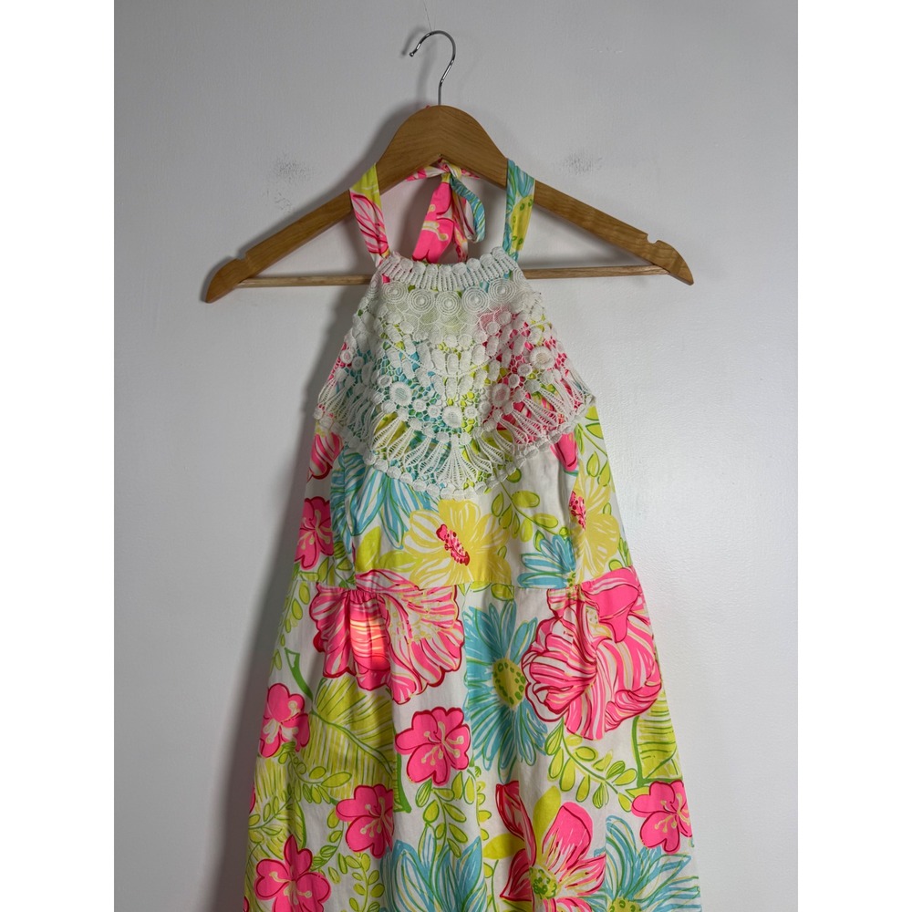Preppy Lilly Pulitzer Women 14 Halter Dress Pink Floral Crochet Lace Tropical - Picture 9 of 10